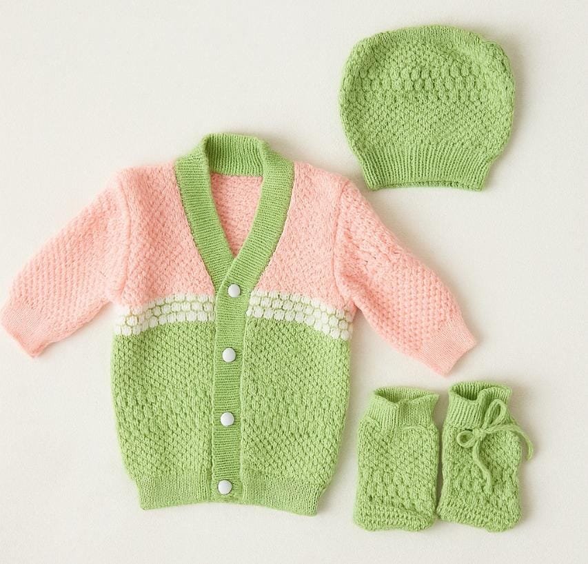 Newborn to 6 months Baby Unisex Woollen Knitted Sweater Set of 3 | Infant Winter Clothing- pink with green code:NBE